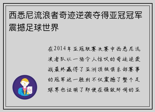 西悉尼流浪者奇迹逆袭夺得亚冠冠军震撼足球世界 西悉尼流浪者奇迹逆袭夺得亚冠冠军震撼足球世界